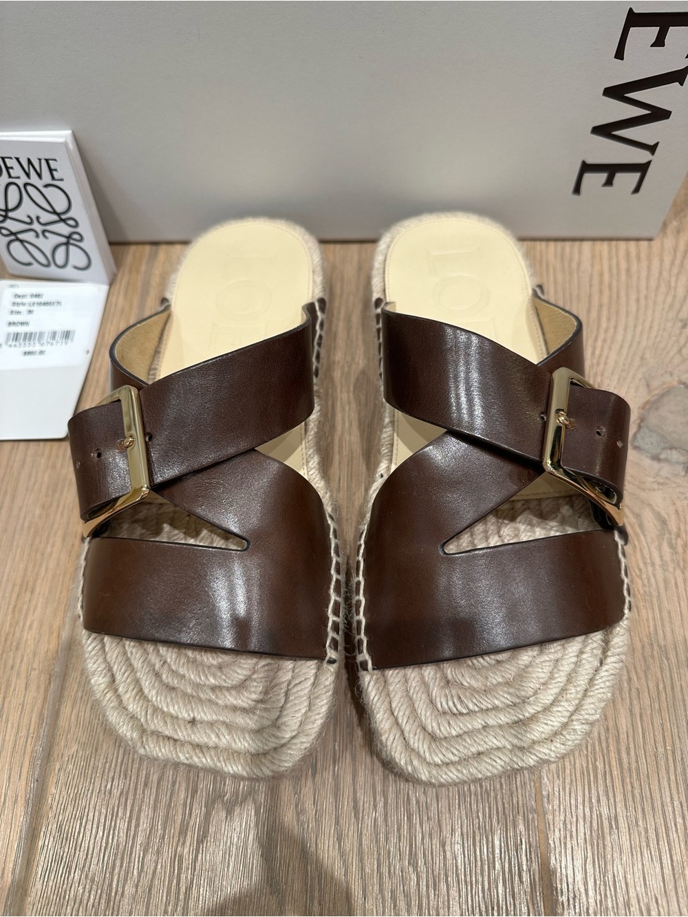 Loewe Petal Brown Espadrille Leather Buckle Slides - Picture 2 of 13